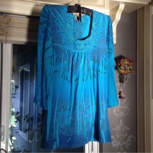 Vintage Suzie boho turquoise top paisley hippie Size L women’s blue square neck
